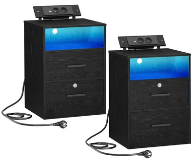 Image de Lot de 2 tables de chevet - Table d'appoint avec tiroirs - Éclairage LED - 1 compartiment ouvert et 2 tiroirs - Bois - Noir