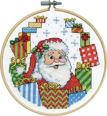 Immagine prodotto di Kit per punto croce "Santa con regali", con cerchio, diametro 15 cm