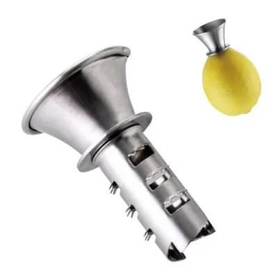 A stainless steel citrus juicer with a funnel-shaped opening and a cylindrical body with grater-like slots. A lemon is shown in the upper right corner, with a metal cap on it, suggesting its use.