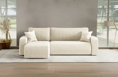 Produktbild von Kaiser Möbel Ecksofa mit schlaffunktion und bettkasten, Eckcouch MILANO L stoff Poso Dicker Cord Ecru Links