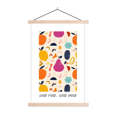 Produktbild von MuchoWow® Textilposter Gutes Essen, gute Laune - Sprichwörter - Zitate - Essen 60x90 cm mit holzfarbenen Rahmen - Textil