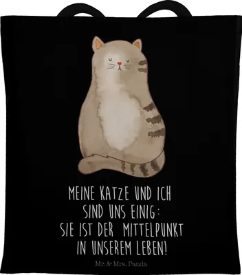 Produktbild von Mr. & Mrs. Panda Tote Bag Katze Sitzen - Schwarz - Geschenk, Katzen, Liebe, Shopping Tasche, Cat, Laptoptasche, Beutel, Schultasche, Familie