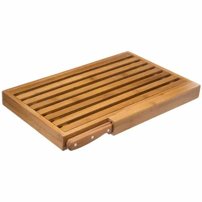 A bamboo bread cutting board with a knife stored in a side compartment.