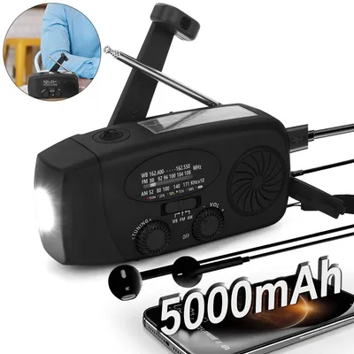 Produktbild von Solar Kurbelradio mit Powerbank 5000mAh, LED Licht 3-fach, SOS Funktion, AM/FM/NOAA Wetter, tragbar für Camping & Outdoor