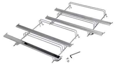 A set of metal telescopic drawer slides and a small Allen wrench and screws are shown against a white background.