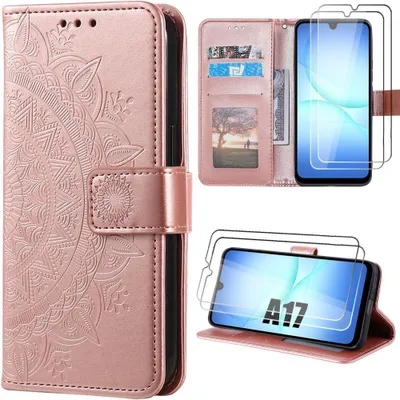 Image de Coque + 2 Verres Trempés pour Samsung Galaxy A17 5G/4G, Antichoc Cuir Synthétique Motif Relief Mandala - Rose