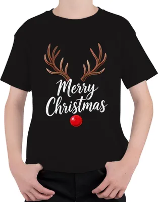 Produktbild von Merry Christmas Rentier Rudolph Geweih rote Nase Weihnachten Uni Kinder T-Shirt, Schwarz, 104