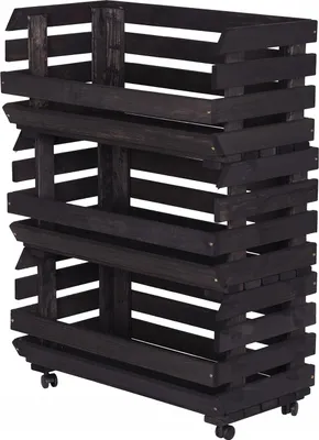 Produktbild von STOLMAK Schwarz Obstkiste aus Holz mit Rollen – 3 Etagen – 57x79x30 cm – Aufbewahrung für Obst & Gemüse – Stapelbar – Holzkiste Regal mit Körben
