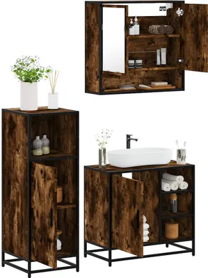Produktbild von 3-tlg. Badmöbel-Set moderne - mit Stauraum - Räuchereiche Holzwerkstoff - Badezimmer CC16002
