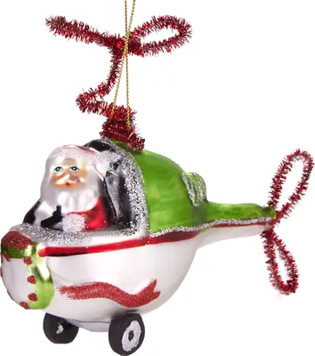 Produktbild von BRUBAKER Weihnachtmann im Helikopter Grün - Handbemalte Weihnachtskugel aus Glas - Christbaumschmuck Figuren lustig Deko Anhänger Baumkugel - 11 cm