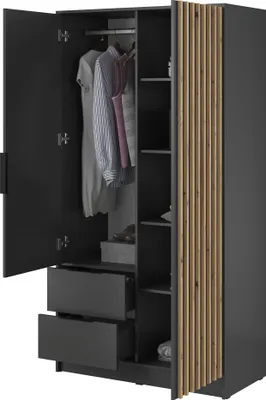 An open wardrobe with clothes hanging inside and drawers below.