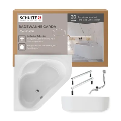 A product box for a corner bathtub, with a picture of the bathtub and its accessories.