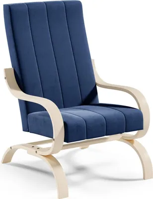 A blue armchair with wooden armrests and base, presented against a white background.