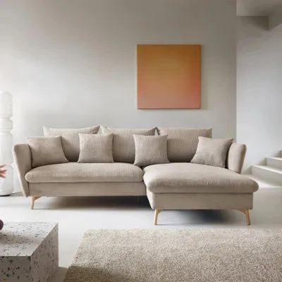 Produktbild von Ecksofa MORRE Poso 02 Beige Cord Breitcord Schlafsofa Bettkasten Holzfüße Scandi Rechts