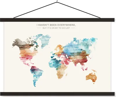Produktbild von MuchoWow® Textilposter Weltkarte - Zitate - Aquarell - Kinder - Jungen - Mädchen - Bucket list 90x60 cm mit schwarzem Rahmen - Aufhängungssatz