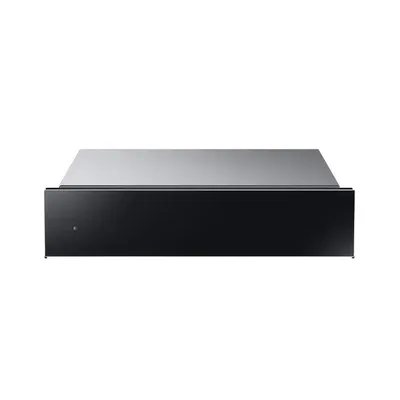 A product shot of a black and silver warming drawer against a white background.