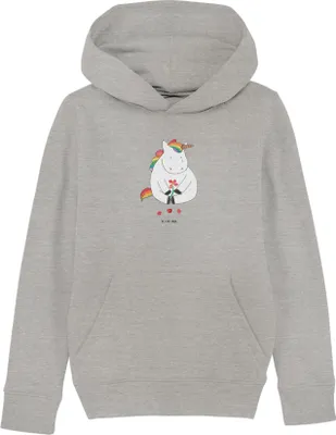 Produktbild von Mr. & Mrs. Panda Organic Kinder Hoodie Einhorn Traurig 9-11 Jahre (134/146) - Heather Grey - Geschenk, Unicorn, Kinderbekleidung, Trauer, Sweater, Liebe, Blume, Einhörner