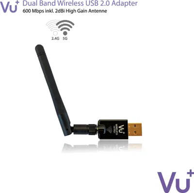 A black wireless USB adapter with an antenna, shown on a white background with product information and branding.