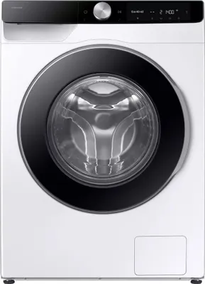 A front view of a white Samsung washing machine with a black door and control panel.