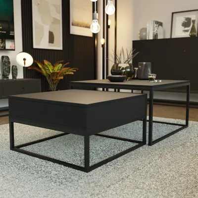 Image de Table basse ELEGANT 2-en-1 avec tiroir et espace de rangement, lot de 2, système « push-open », table de salon, structure en métal noir, empilable