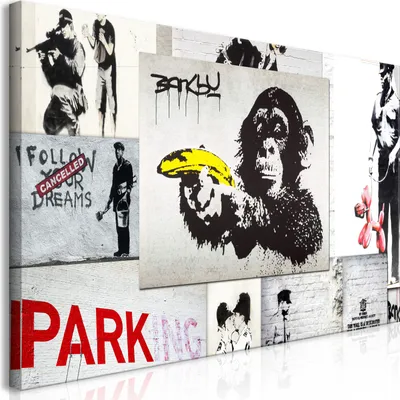 Produktbild von Wandbild Mega XXXL Banksy Collage 250x125 cm Einteiliger XXL-Format Kunstdruck zur Selbstmontage Leinwandbilder moderne Bilder DIY Wanddekoration Wohnung Deko Street Art Graffiti i-C-0093-ak-e