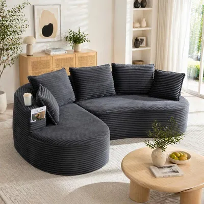 Zdjęcie produktu dla Sofa w kształcie litery "L" obite tkaniną, wymiary 250x152x82 cm, nowoczesne, z podłokietnikami po obu stronach, kieszeniami bocznymi i poduszkami, idealne do salonu