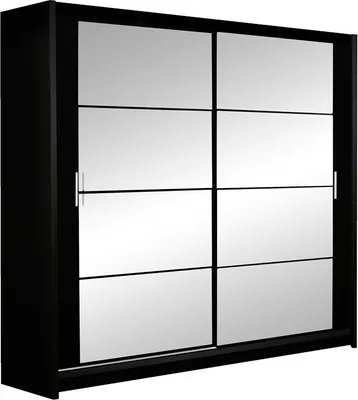 Produktbild von Furniture24 Kleiderschrank Dakota 203 Schlafzimmer 2 Türiger Schwebetürenschrank Schrank mit Kleiderstange 4 Einlegeboden und Spiegel Schwarz Schiebetür
