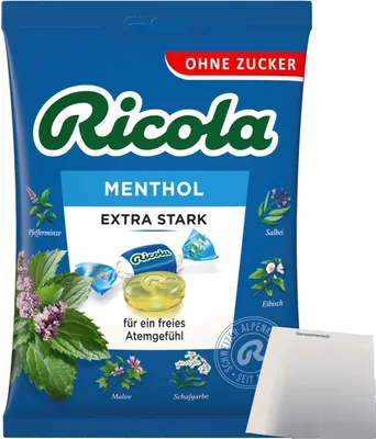 Produktbild von Ricola EXTRA STARK Menthol Aktiv-Frei ohne Zucker (75g Packung) + usy Block