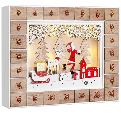 Image de Spielwerk® Calendrier de l'Avent en bois réutilisable 'Père Noël et son traîneau' 24 tiroirs à remplir LED Blanc chaud 3D Déco Noël intérieur
