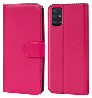 A pink flip case for a Samsung Galaxy A51 phone, shown open and closed.