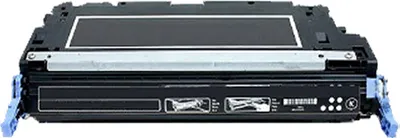 A black toner cartridge with blue levers on the sides, shown from the front.