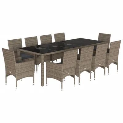 Produktbild von 11-tlg. Garten-Essgruppe mit Kissen Grau Poly Rattan Glas