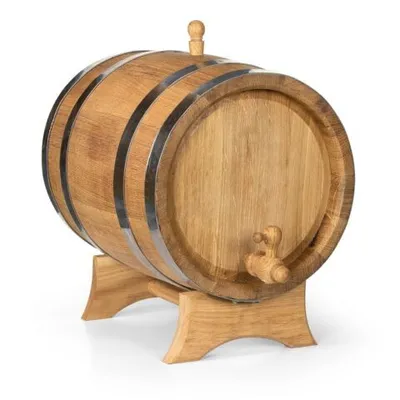 A wooden barrel with metal bands and a spigot, resting on a wooden stand.