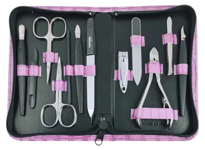 Produktbild von Maniküre Pediküre Set 12-teilig Solingen Qualität Germany – Nagelpflege Set mit Etui Kunstleder Kroko Lila