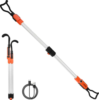 A product shot of a telescopic work light and its accessories against a white background.