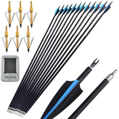 Immagine prodotto di Frecce in carbonio per tiro con l'arco - Set di frecce con spine 500 - Lunghezza 80 cm, peso 40,7 g - Punta in acciaio da 100 grain - Adatte per archi ricurvi e composti - Set da 12 pezzi