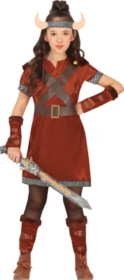 A young girl dressed in a Viking costume, holding a toy sword.