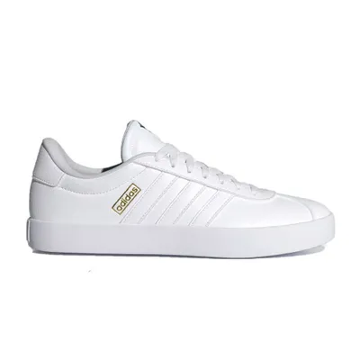 A white Adidas sneaker is shown from the side against a white background.