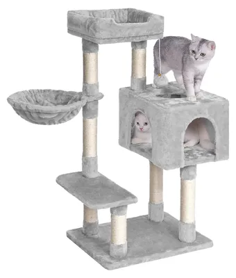 Productafbeelding van Kattenkraboom - 100 cm - 3 niveaus - 7 krabpalen - Kattenhuis met hangmat - Antikantel - Lichtgrijs
