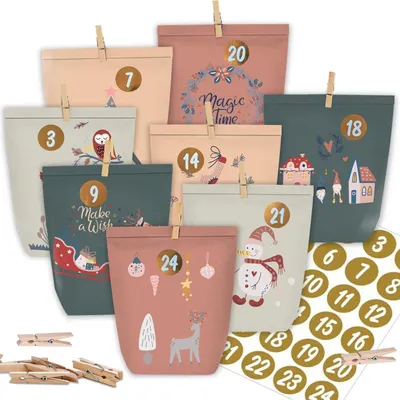 Produktbild von Adventskalender zum Selbstbasteln, 24 Weihnachtstüten, Papiertüten mit Zahlensticker