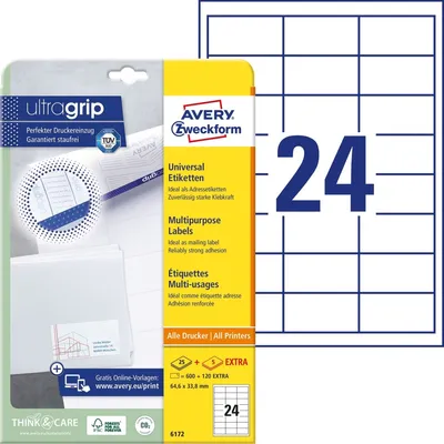 Produktbild von Universal-Etiketten ultragrip 64,6x33,8 mm VE=30x720 Etiketten / 30 Bogen weiß