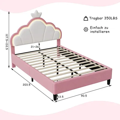 Produktbild von CDGlobal Polsterbett 90x200cm mit Lattenrost, Kinderbett mit Kronenförmigem Kopfteil, Jugendbett Doppelbett mit Led, Prinzessinnenbett Holzbett, PU
