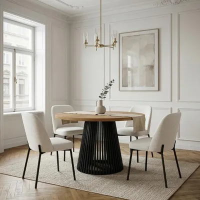 Produktbild von Runder Esstisch Schwarz DOVER 120/220 cm ausziehbar für Esszimmer, Eiche Craft Golden mit Lamellen – Industrial/Loft