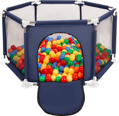 Produktbild von Selonis sechseckiger laufstall mit 400 bälle laufgitter für kinder, blau:gelb/grün/blau/rot/orange