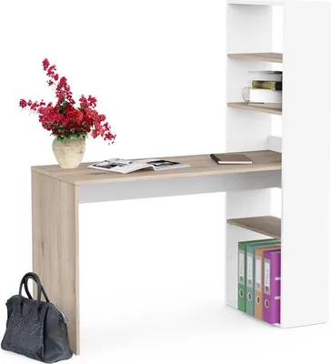 Zdjęcie produktu dla Biurko Azizam - 123x53x145cm - z półką na książki - dekor biały/dąb