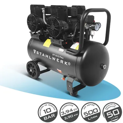 Image de Compresseur STAHLWERK avec réservoir de 50 L (ST-510 Pro) - sans huile, 10 bar, compresseur d'air, moteurs Brushless, 3,94 CV, 2,9 kW, 500 l/min Compresseur silencieux