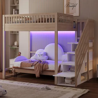 Produktbild von Flieks Etagenbett 140x200cm mit Stauraumtreppe, Kinderbett Doppelbett mit Led und Rausfallschutz, Hochbett Holzbett mit Lattenrost, Naturbelassen