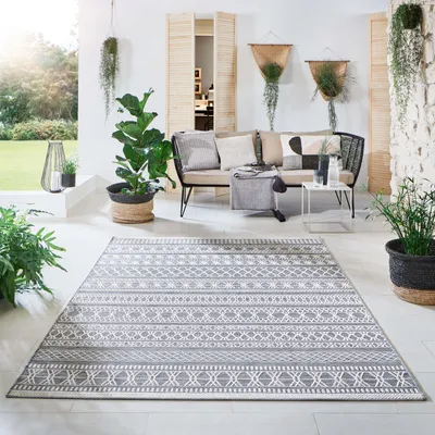 Produktbild von Steffensmeier Indoor Outdoor Teppich Nyland wasserfest Kunststoff Balkon Garten Flur, strapazierfähig und pflegeleicht, Streifen Grau, Größe: 280x380