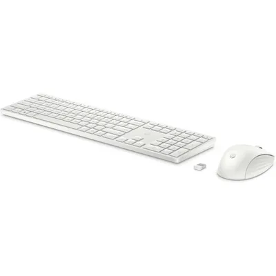A white wireless keyboard and mouse set with a USB dongle, displayed on a white background.