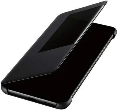 A black flip cover case for a smartphone, shown from a diagonal angle with the cover partially open.